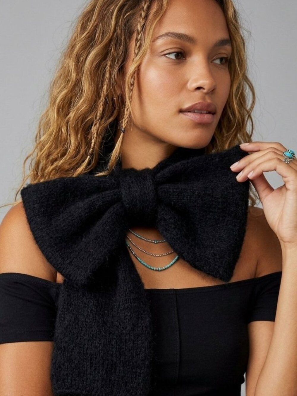 Black Fluffy Knit Scarf Chunky Soft Winter Bow Wrap Shawl Coquette